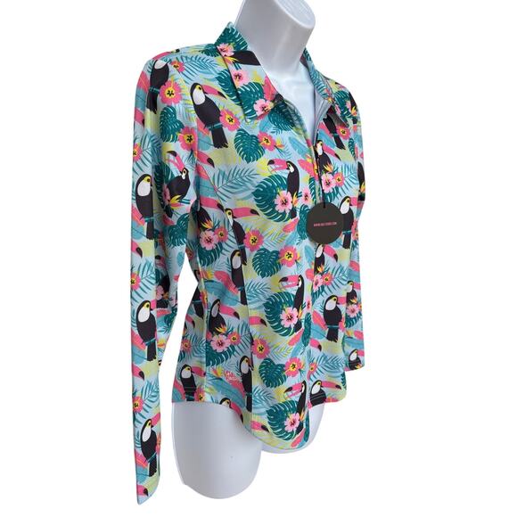 Golf Goddess NWT Bright Tropical Toucan Themed Quarter Zip Pullover size S - Picture 3 of 9